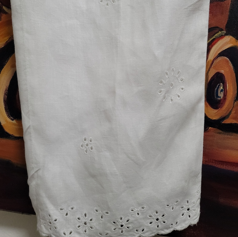 Charter Club White Linen Eyelet Lace Scalloped Hem Straight Leg Pants Size 8 - Picture 5 of 12